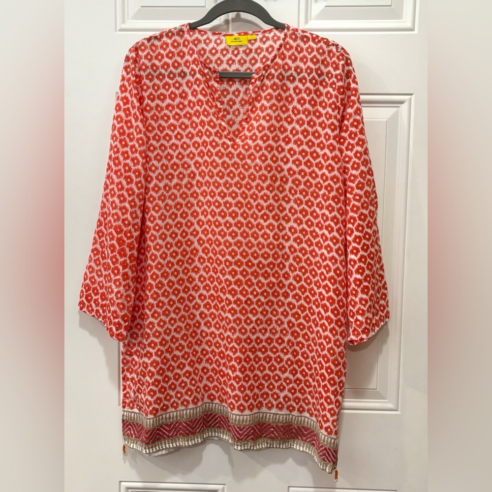 Roller Rabbit V-Neck Kurta Tunic Top Tribal Coral Print Size L